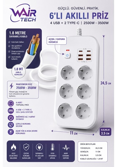 6'lı Topraklı Grup Priz 4 Usb 2 Type-c Hızlı Şarj 1.8 Metre Kablo Aşırı Yük Korumalı 1.8 M