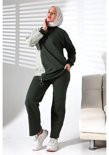 Kadın Mevsimlik Alt Üst Rahat Haki Spor Ikili Tunik Pantolon Şık Tesettür Takım Haki