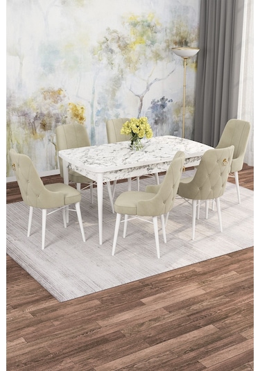 Mona Beyaz Mermer 80x132 Açılabilir Mdf Masa Yemek Odası Takımı, Mutfak Takımı 6 Adet Sandalye Beyaz Mermer - 6 Krem - Beyaz Ayak