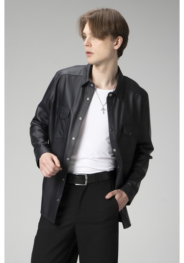 Lacivert Dericlub Wm201 Tafta Erkek Gerçek Deri Gömlek Lacivert