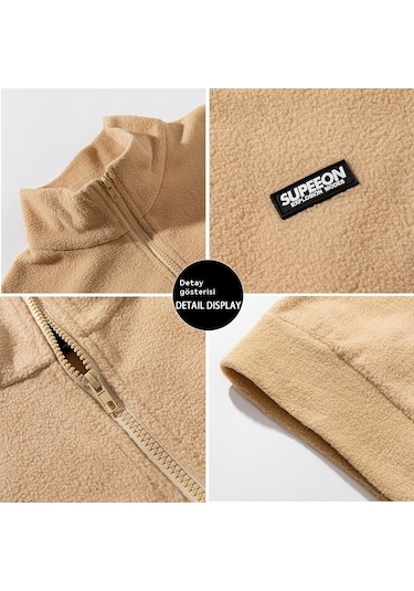 Polar Düz Renk Dik Yaka Bol Kesim Erkek Sweatshirt Haki