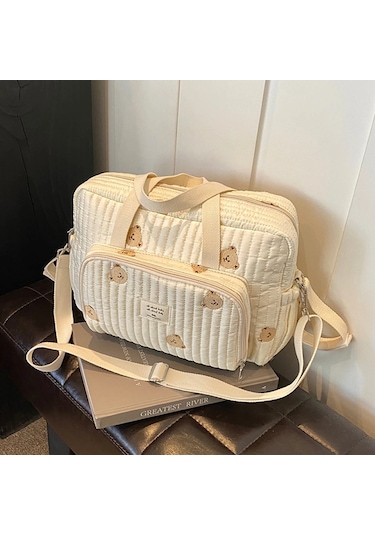 Sevimli Ayı Çiçek Nakış Desen Bebek Bej Pamuklu Kumaş Fermuar Beyaz