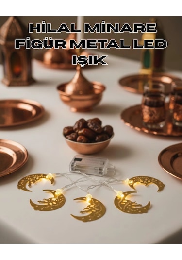 Minareli Hilal Led Işık Gold Metal Gövdeli Pilli Ramazan Dekoru Çok Renkli