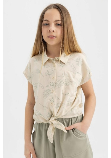 DeFacto Kız Çocuk Crop Desenli Kısa Kollu Gömlek B5065A824SMYL356