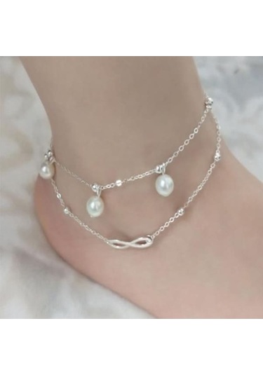 Gümüş Boho Plaj Sandalet Yalınayak Infinit-y Charm Boncuklu Ayak Bileği Bileklik 2 Katmanlı Halhal Gümüş Gümüş