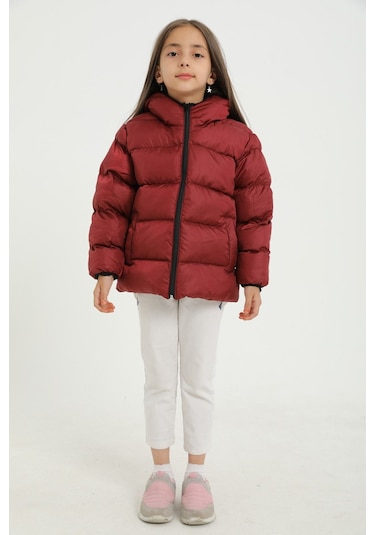 Kız Çocuk Bordo İçi Polarlı Kapüşonlu Su Geçirmez Rüzgara Dayanıklı Cepli Şişme Kışlık Mont Bordo