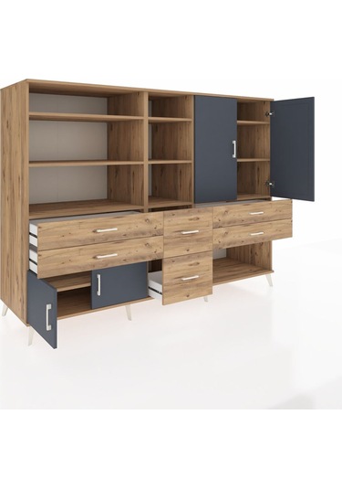 Kronos Dolap 10 Raflı 6 Çekmeceli 4 Kapaklı 220x59x163 Çam-antras Çam-antrasit/çam