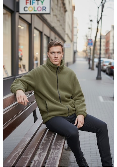 Haki Premium Kalite Dik Yaka, Fermuarlı, Polarlı, Peluş Ceket Haki