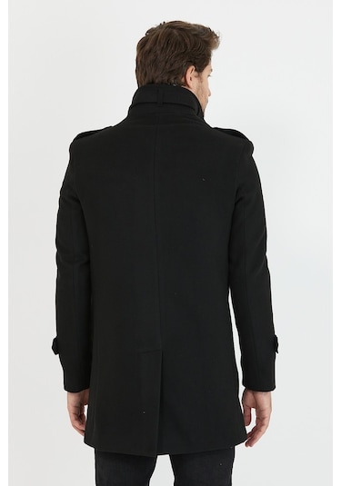 Erkek Siyah Dar Kesim Dik Yaka Uzun Kaşe Kaban-Siyah