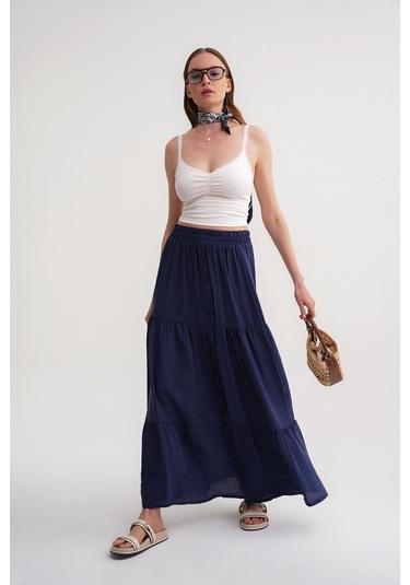4662 Kadın Düğme Detaylı Büzgülü Modal Etek Lacivert Lacivert
