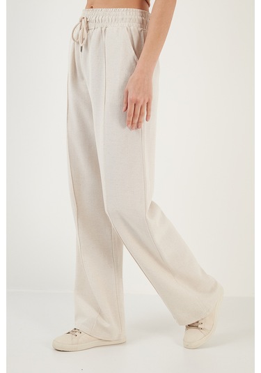 Lela Pamuk Ve Keten Karışımlı Yüksek Bel Rahat Kesim Bol Paça Spor Bayan Pantolon 5865022 Bej