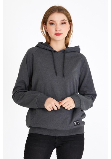 Comeor Kadın Antrasit Basic Kapüşonlu Regular Fit Rahat Sweatshirt 001