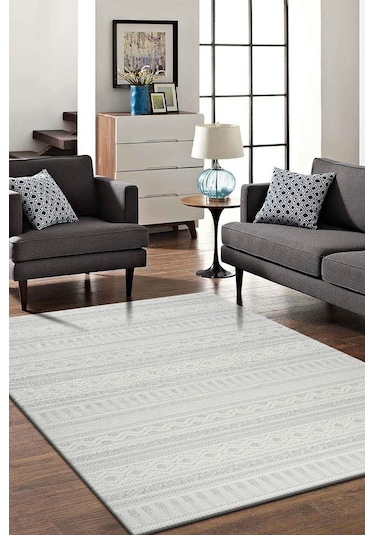 Modern Geometrik Tasarımlı Jüt Dokuma Loop Sisal Gri Renk Halı Gri