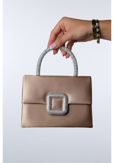 Valeria Koyu Bej Saten Taşlı Kadın El Çantası Koyu Bej