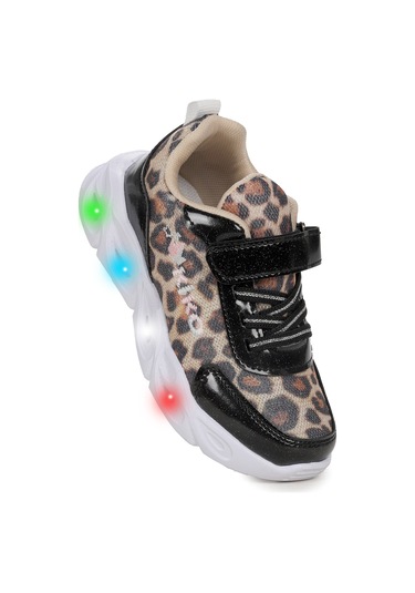Kiko Kids Teno Cırtlı Işıklı Leopar Kız Çocuk Spor Ayakkabı Siyah Siyah