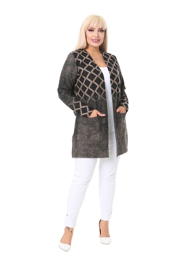 Melsay Butik Vizon Baklava Desen Kısa Büyük Beden Kadın Hırka Vizon