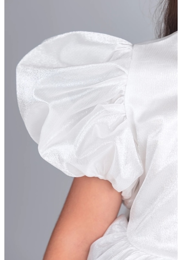 Volanella Taçlı Kız Çocuk Abiye Çift Tarz, Tek Elbise. Beyaz