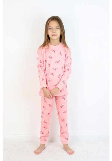 Kız Çocuk Orta Kalınlıkta Basic Baskılı Pijama Takımı Koyu Pembe