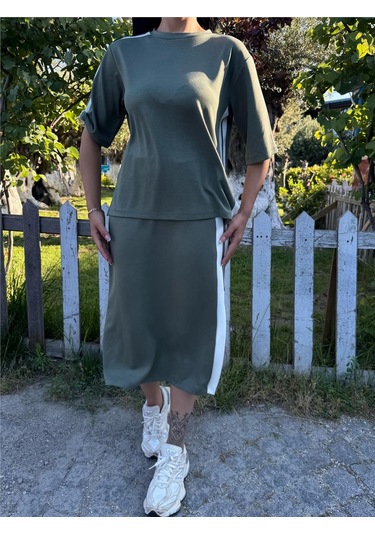 Haki Pamuk Yandan Çizgili Midi Takım Haki