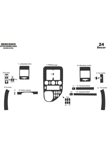 Mercedes Vito Panelvan Konsol-torpido Kaplama 1999-2004 24 Parça-karbon Karbon