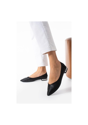 Kadın Siyah Topuk Taş Detaylı Babet Siyah Çizgili