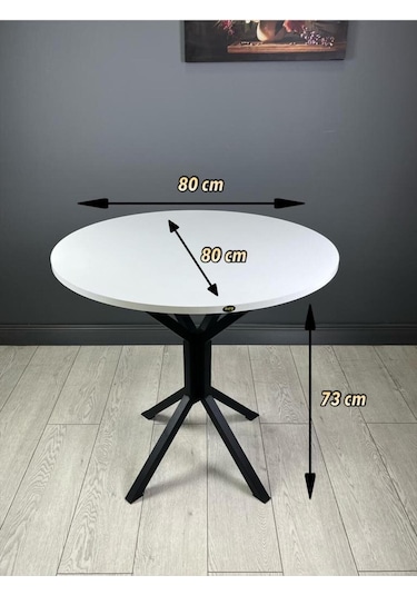 Saray Beyaz Siyah Yuvarlak Mutfak Masası Yemek Masa Balkon Masa Metal Siyah Ayak 80 Cm