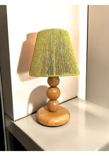 Hasır El Yapımı Bohem Ahşap Ayaklı Rustik Abajur - Haki Haki