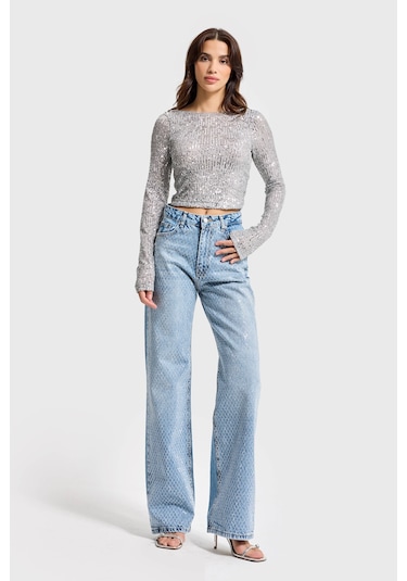 Itsbasic Kadın Kot Rengi Doris T34s527 Parlak Taşlı Tasarım Straight Fit Denim Jean Taşlı Kot Rengi