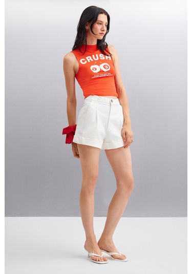 AZURA Kadın Baskılı Kısa Kollu Crop Kırmızı T-Shirt