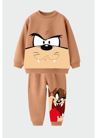 Erkek Çocuk 3 İplik Bisiklet Yaka Karakter Baskılı Sweatshirt Ve Eşofman Alt Üst Takım Tarçın