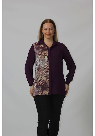 Moda Berray 2320 Leopar Desenli Şifon Gömlek Mürdüm