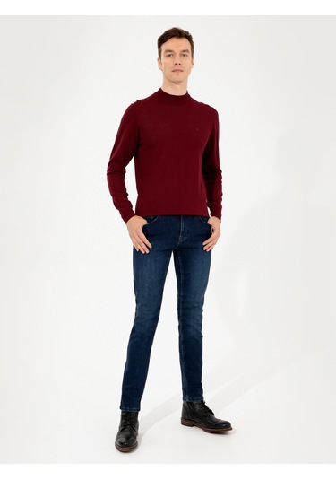 Cacharel Koyu Bordo Slim Fit Çeyrek Balıkçı Yaka Basic Triko Kazak