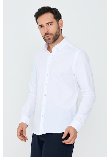 White Stone Beyaz %100 Pamuk Dynamic Fit Erkek Uzun Kollu Gömlek