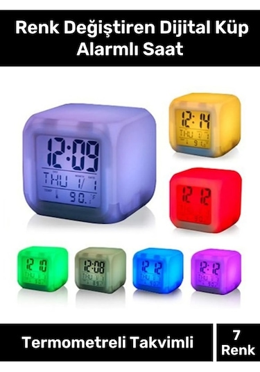 Hediyelik Dekoratif Termometreli Takvimli 7 Renk Değiştiren Dijital Küp Alarmlı Masa Çalar Saat