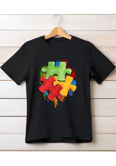 Aselinda Puzzle Baskılı Bisiklet Yaka T-shirt Siyah