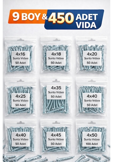 Ağaç Ve Sunta Vidası Seti 450 Adet 9 Boy Dayanıklı Çelik Vida Seti 1