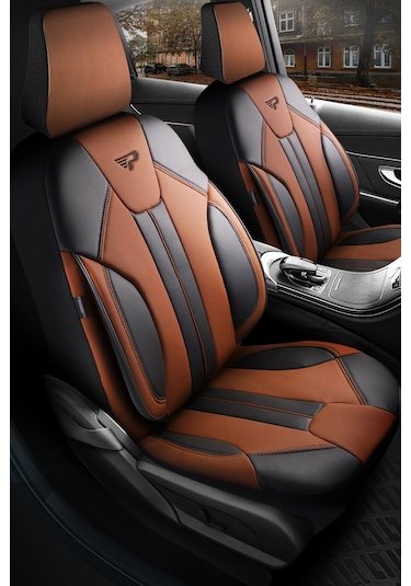 Panda Carlone Serisi Ful Deri Oto Koltuk Kılıfı - Tam Set Taba - Siyah