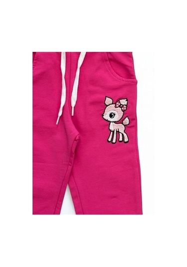 Kız Çocuk Pamuklu Önden Fermuarlı Kapüşonlu İşlemeli Eşofman Takımı-15114 Fuşya