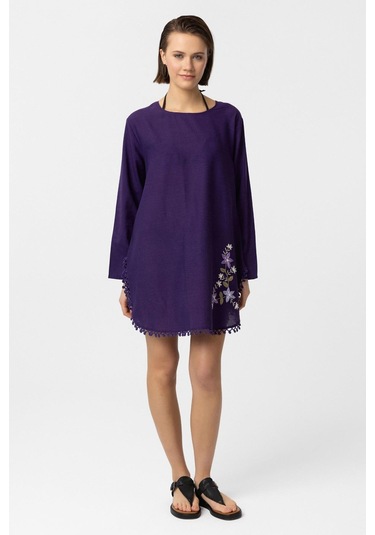 Mor Nakış İşlemeli Uzun Kollu Pamuklu Bluz Elbise Mor