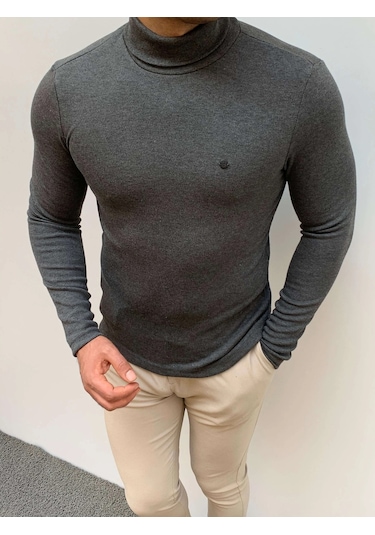 Modefendi Slim Fit A Kalite Pamuk Tam Boğazlı Kazak Füme