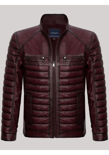 Hakiki Kuzu Derisi Bordo Çizgi Detaylı Dört Cepli Şişme Erkek Deri Mont Bordo