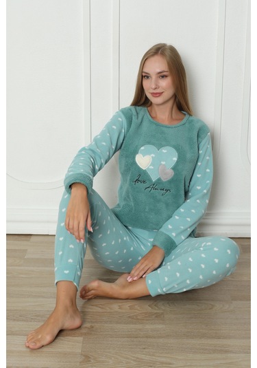 Fawn 3316 Peluş Welsoft Polar Kışlık Yumoş Kalpli Kadın Pijama Takımı Yeşil