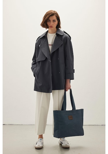 Oversıze Kısa Trençkot Lacivert Lacivert