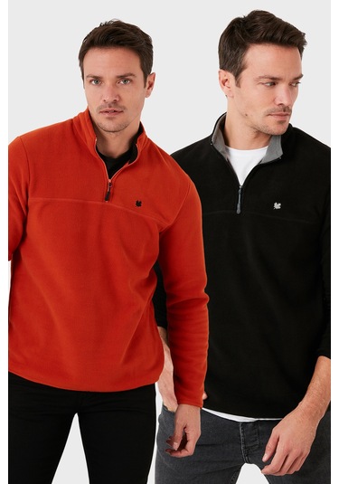 Buratti Slim Fit Anti-Pilling Tüylenme Yapmayan Bato Yaka Şardonlu 2'Li Paket Erkek Polar 5906001S2 Oranj-Siyah