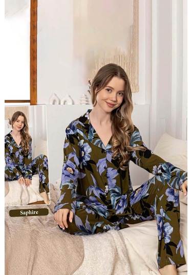 Kadın Büyük Çiçek Desen Düğmeli Saphire Pijama Takımı 0387 Haki Haki