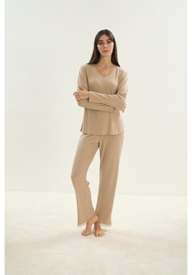 Kadın Uzun Kol Bej Mlelanj Pijama Takım C4t9n0o61 001