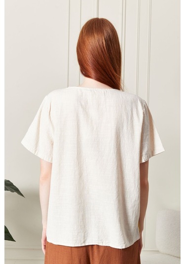 Keten Gökkuşağı Asimetrik Kesim Bluz Renkli Ve Şık Tasarım Bej