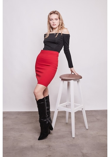 Yüksek Bel Diz Üstü Kumaş Kalem Etek-Kırmızı
