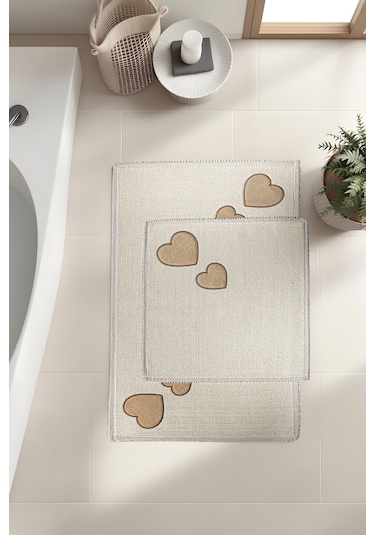 Banyo 2li Paspas Takımı Kalp Bej 60x100 Bej