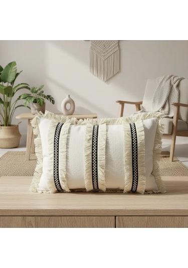 Keten Krem Üç Püsküllü Kırlent 2 Adet Kırlent Kılıfı 35 X 55